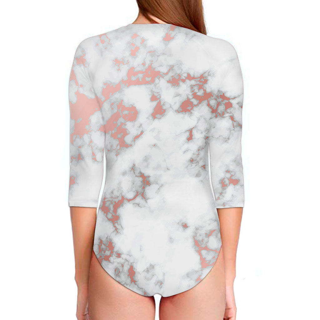 White Rose Gold Marble Print Long Sleeve Swimsuit