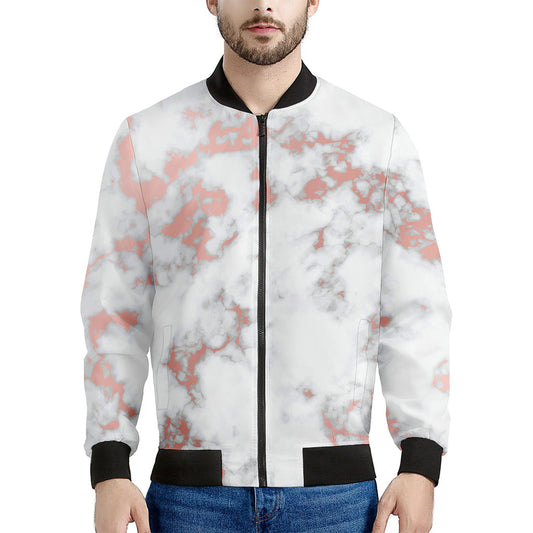White Rose Gold Marble Print Men's Bomber Jacket