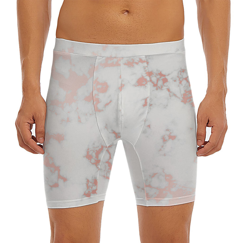 White Rose Gold Marble Print Men's Long Boxer Briefs