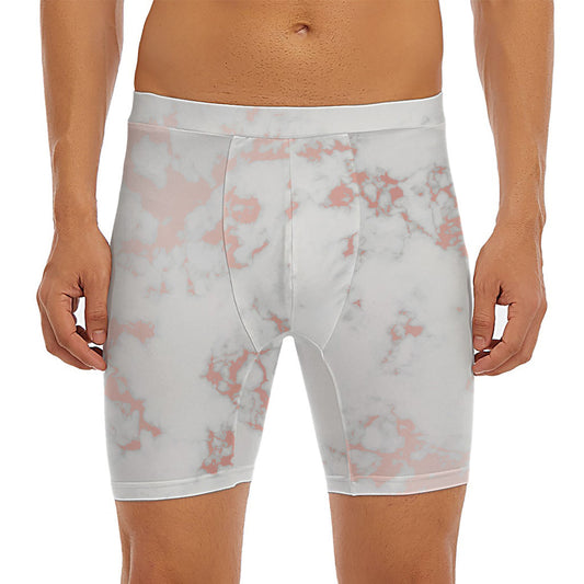 White Rose Gold Marble Print Men's Long Boxer Briefs