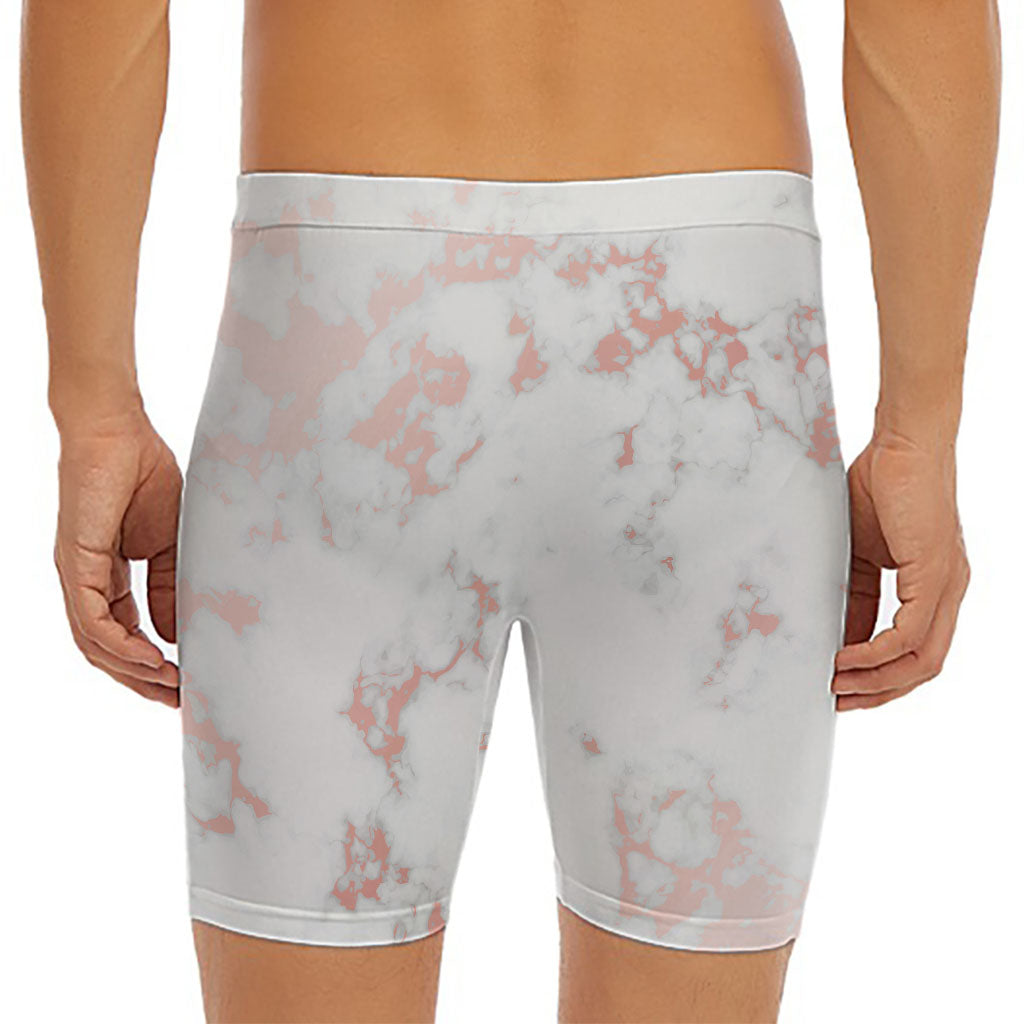 White Rose Gold Marble Print Men's Long Boxer Briefs