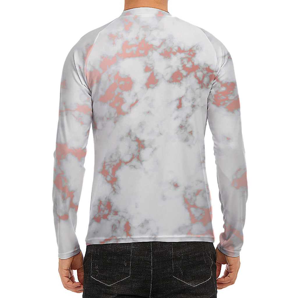 White Rose Gold Marble Print Men's Long Sleeve Rash Guard