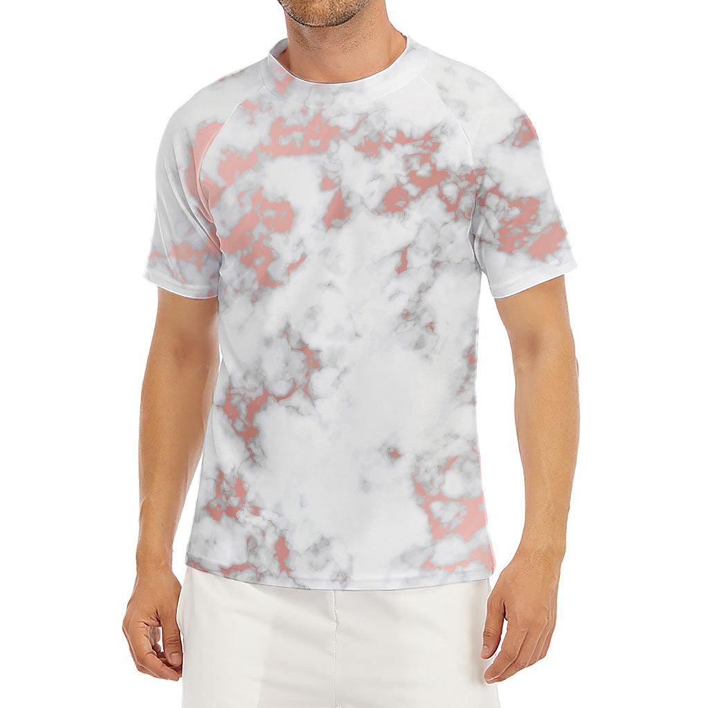 White Rose Gold Marble Print Men's Short Sleeve Rash Guard