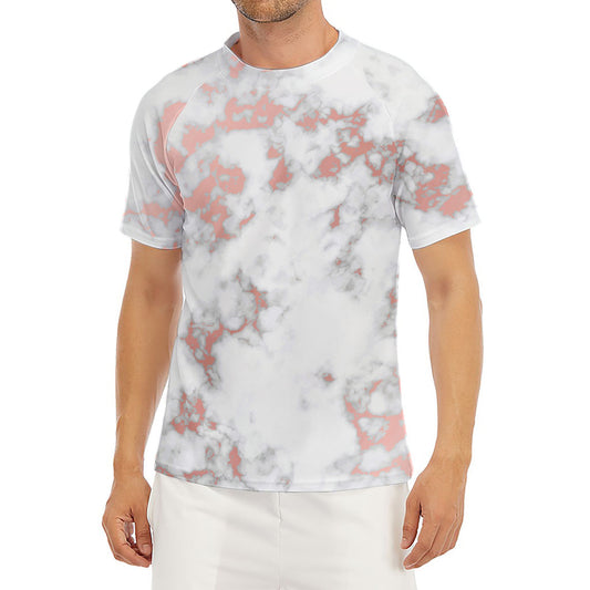 White Rose Gold Marble Print Men's Short Sleeve Rash Guard