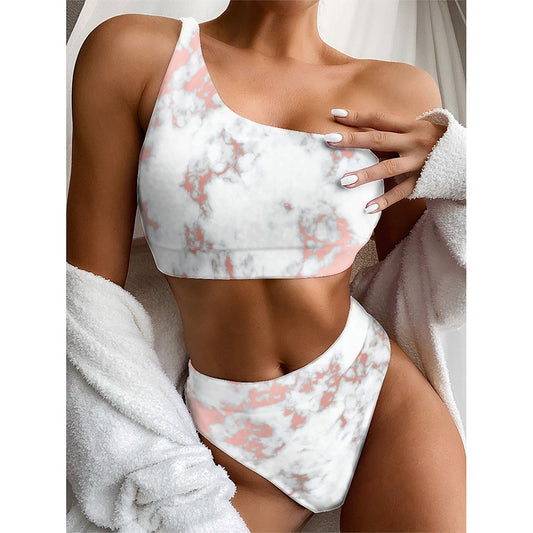 White Rose Gold Marble Print One Shoulder Bikini Top