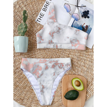 White Rose Gold Marble Print One Shoulder Bikini Top