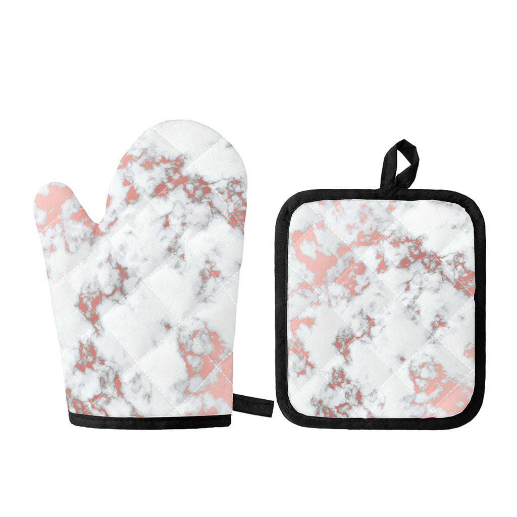 White Rose Gold Marble Print Oven Mitt And Pot Holder Set