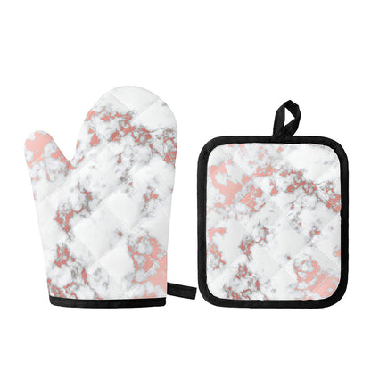 White Rose Gold Marble Print Oven Mitt And Pot Holder Set