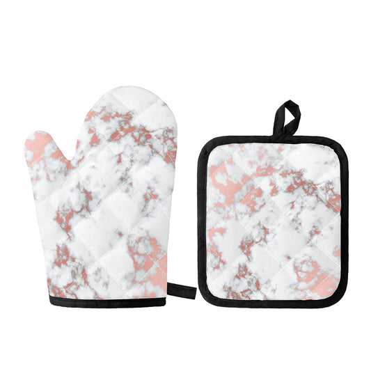 White Rose Gold Marble Print Oven Mitt And Pot Holder Set