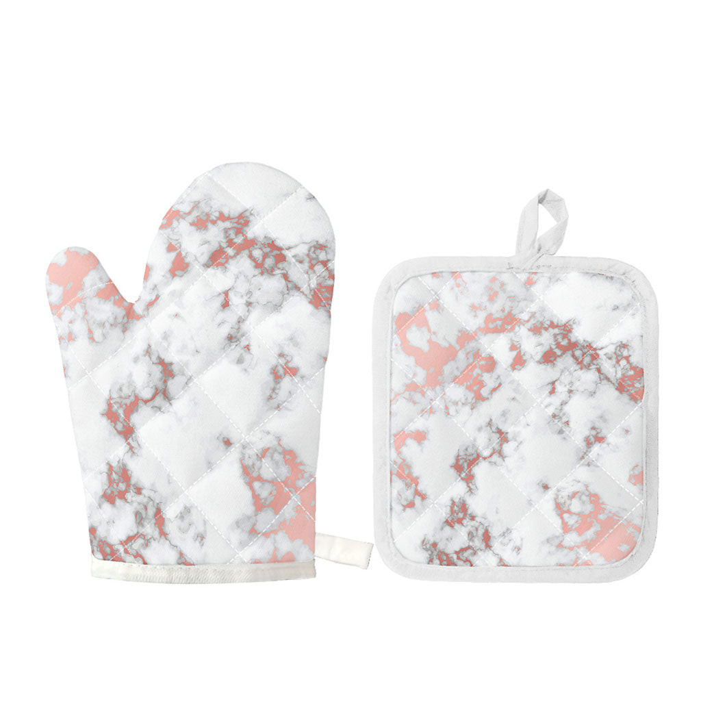 White Rose Gold Marble Print Oven Mitt And Pot Holder Set