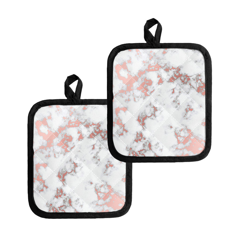 White Rose Gold Marble Print Pot Holders