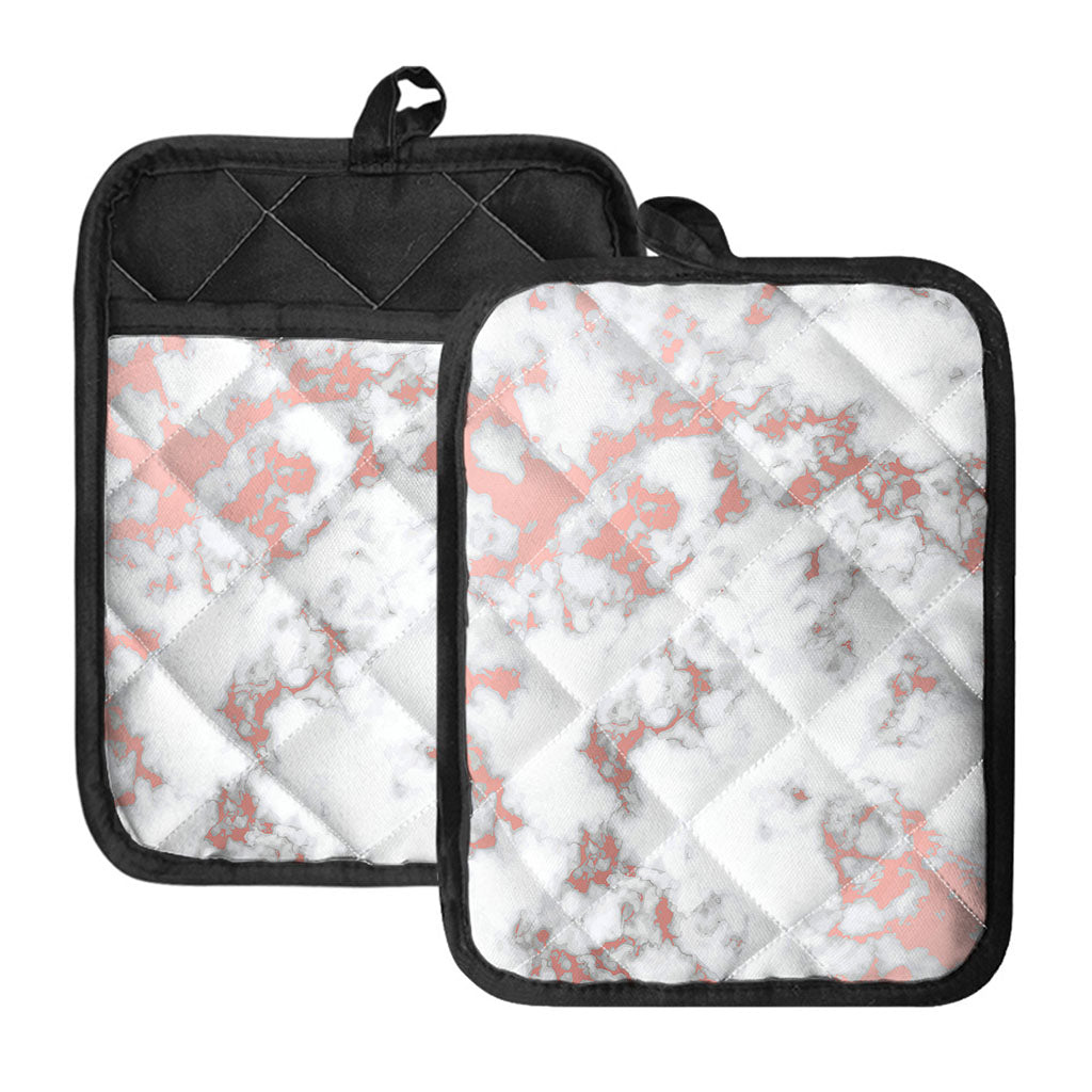 White Rose Gold Marble Print Pot Holders With Pocket