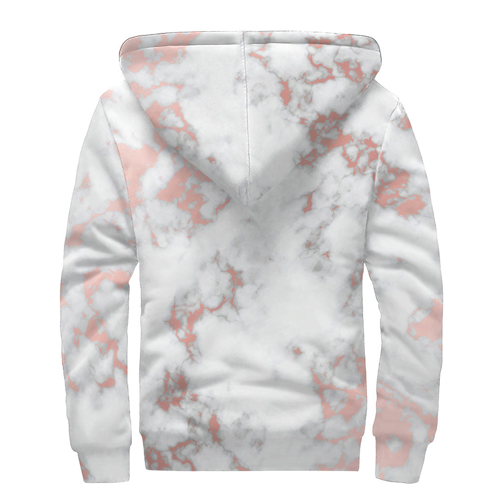 White Rose Gold Marble Print Sherpa Lined Zip Up Hoodie