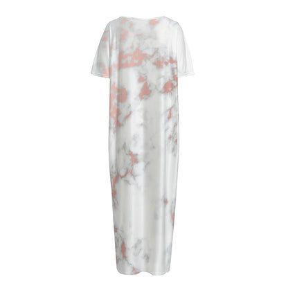 White Rose Gold Marble Print Short Sleeve Long Nightdress