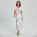 White Rose Gold Marble Print Short Sleeve Maxi Dress
