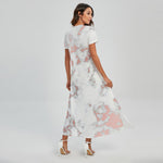 White Rose Gold Marble Print Short Sleeve Maxi Dress