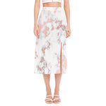 White Rose Gold Marble Print Side Slit Midi Skirt