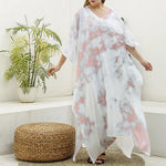 White Rose Gold Marble Print Silk V-Neck Kaftan Dress