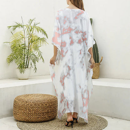 White Rose Gold Marble Print Silk V-Neck Kaftan Dress