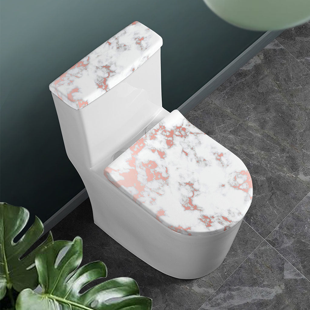 White Rose Gold Marble Print Toilet Lid And Tank Cover Set