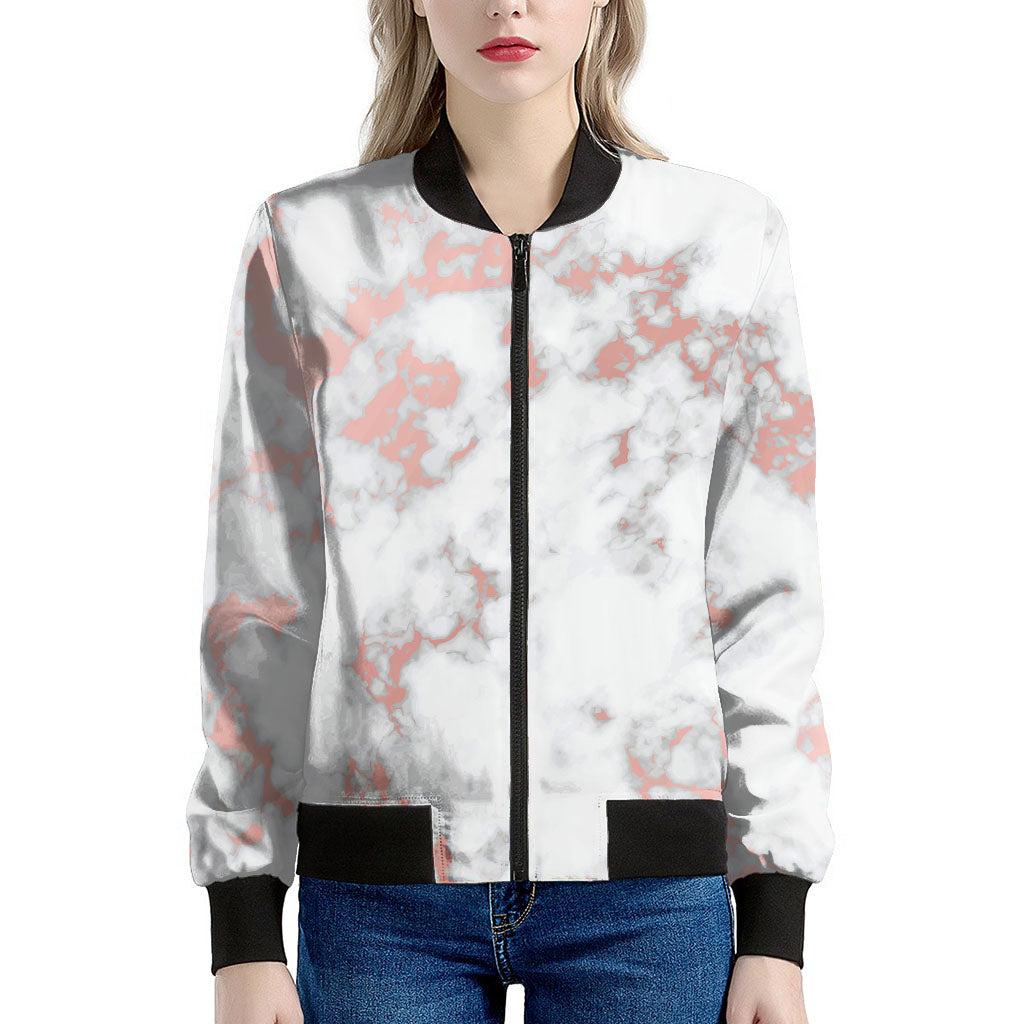 White Rose Gold Marble Print Women's Bomber Jacket