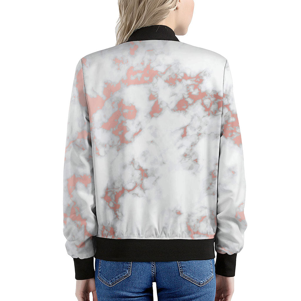 White Rose Gold Marble Print Women's Bomber Jacket