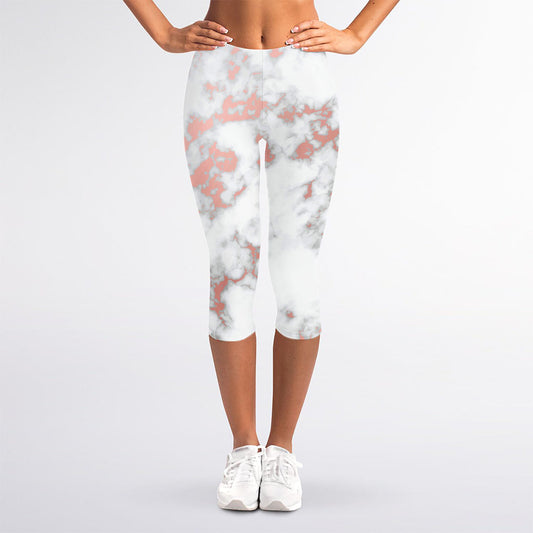White Rose Gold Marble Print Women's Capri Leggings