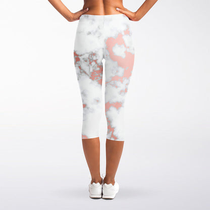 White Rose Gold Marble Print Women's Capri Leggings