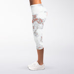 White Rose Gold Marble Print Women's Capri Leggings