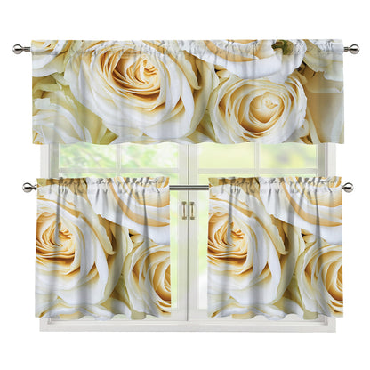 White Rose Print 3 Piece Kitchen Curtains