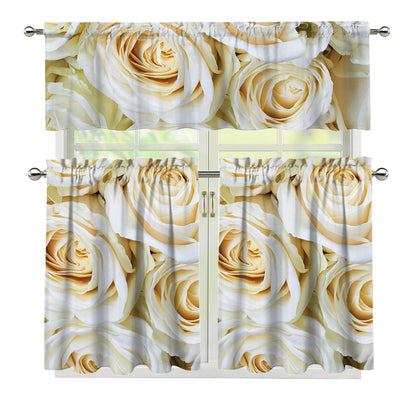 White Rose Print 3 Piece Kitchen Curtains