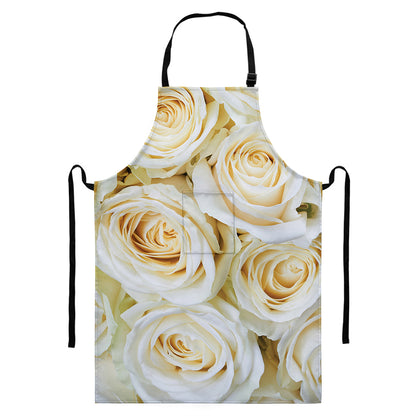 White Rose Print Bib Apron With Pocket