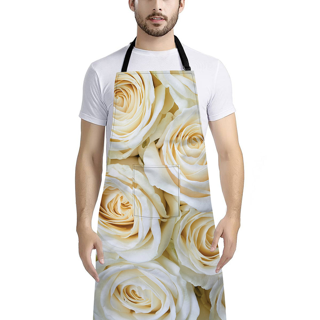 White Rose Print Bib Apron With Pocket