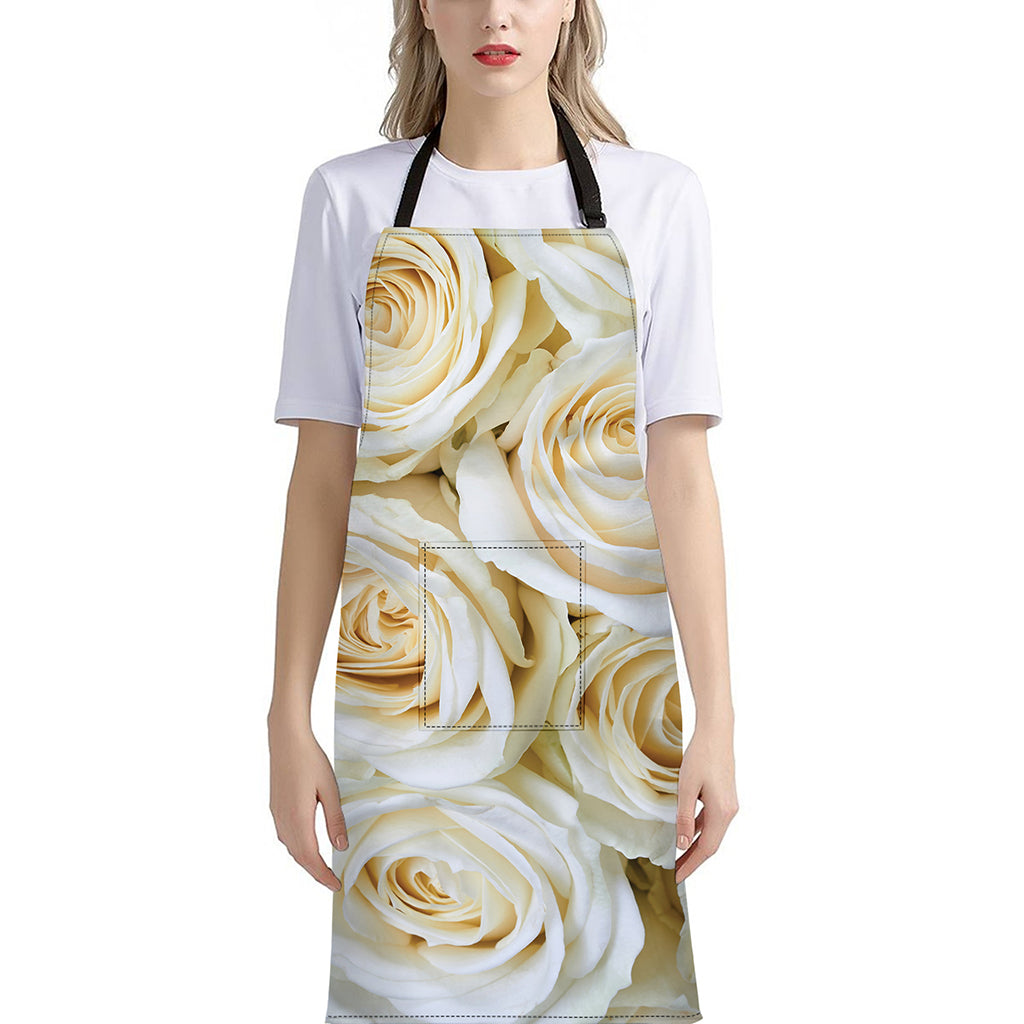 White Rose Print Bib Apron With Pocket