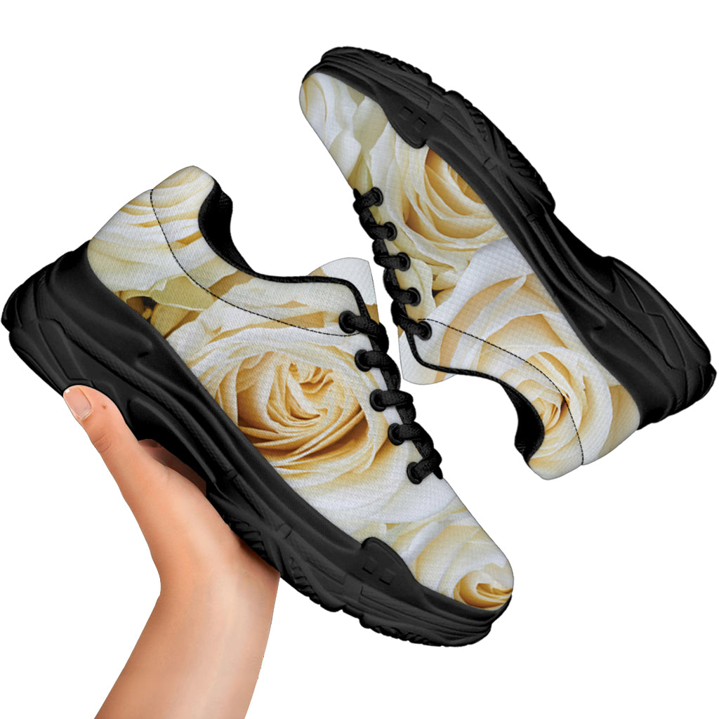 White Rose Print Black Chunky Shoes