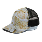 White Rose Print Black Mesh Trucker Cap