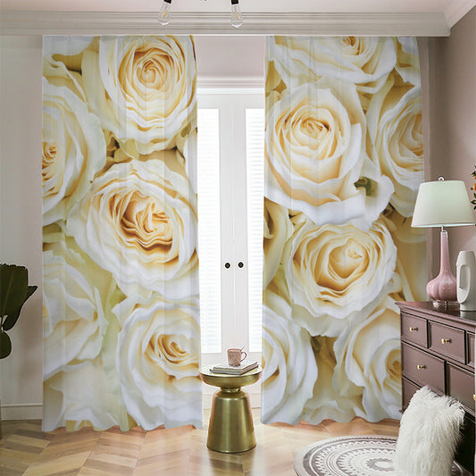 White Rose Print Blackout Pencil Pleat Curtains