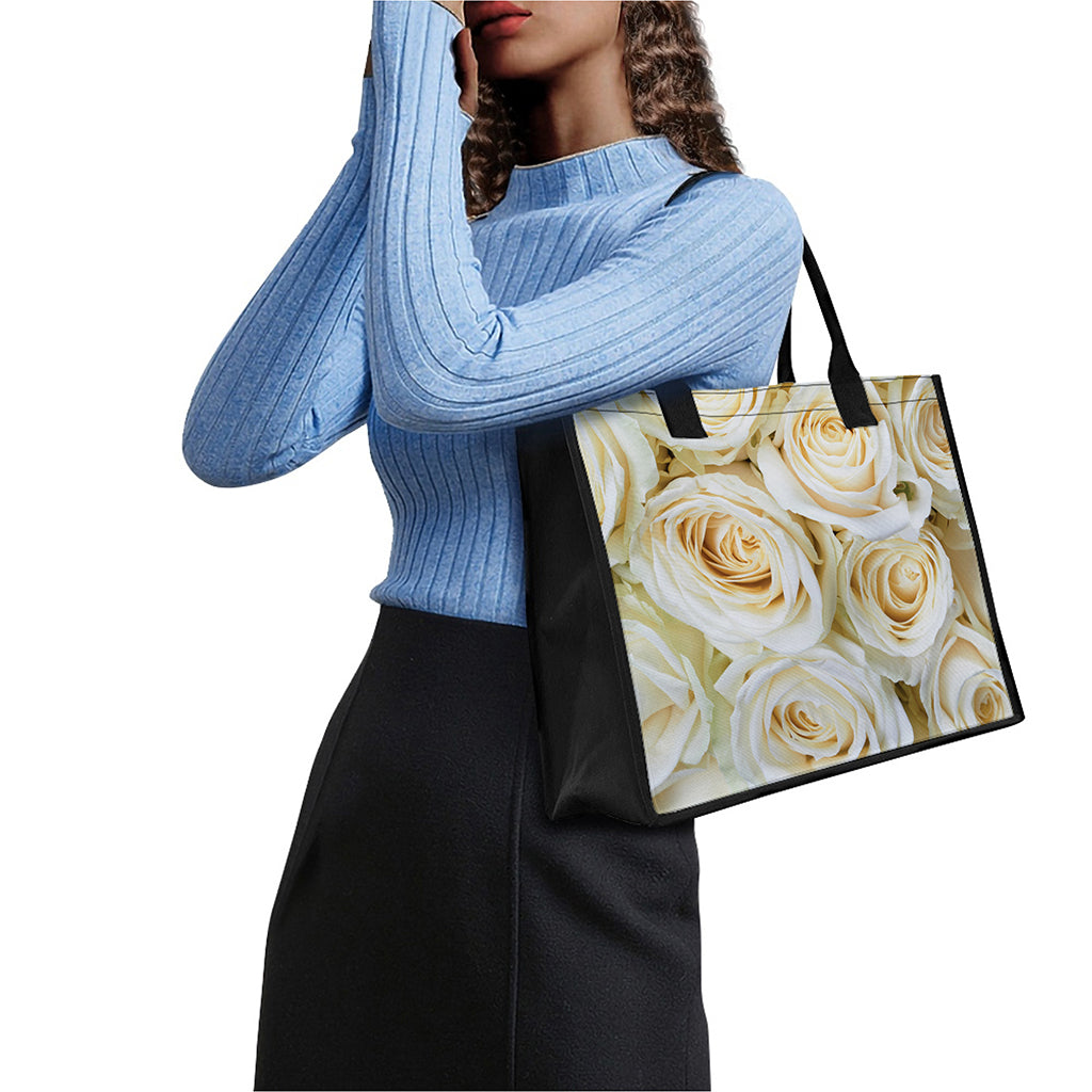 White Rose Print Canvas Tote Bag