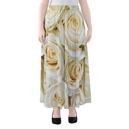White Rose Print Chiffon Maxi Skirt