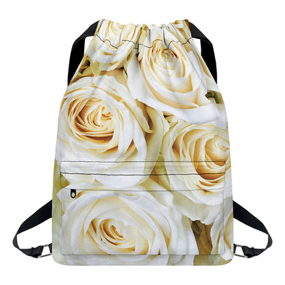White Rose Print Drawstring Backpack