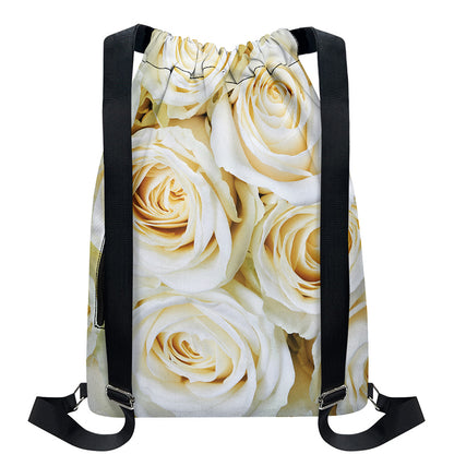White Rose Print Drawstring Backpack