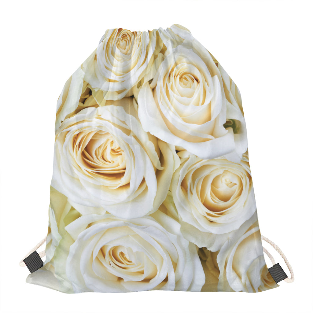 White Rose Print Drawstring Bag