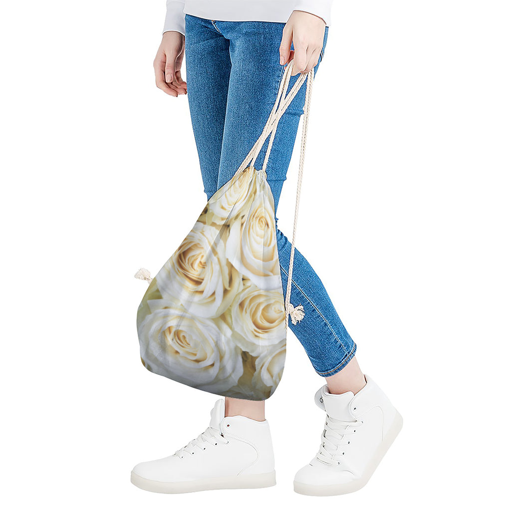 White Rose Print Drawstring Bag