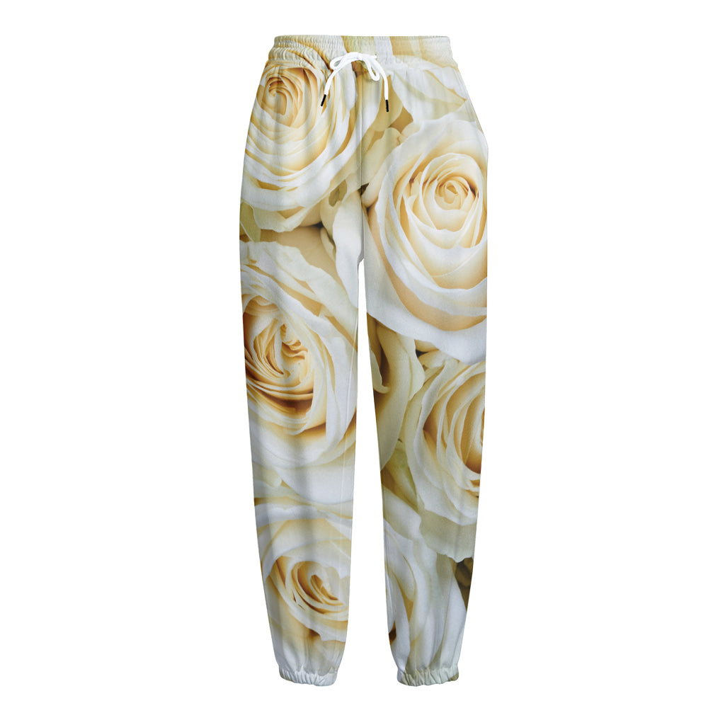 White Rose Print Fleece Lined Knit Pants