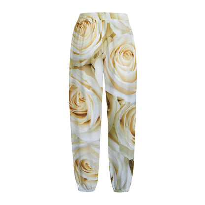 White Rose Print Fleece Lined Knit Pants