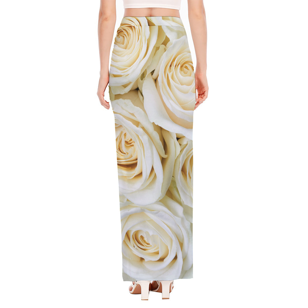 White Rose Print High Slit Maxi Skirt