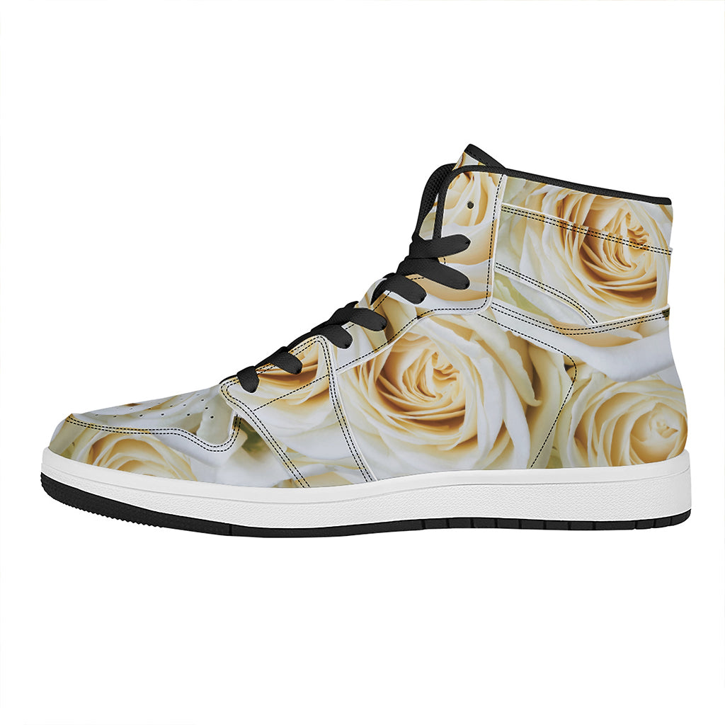 White Rose Print High Top Leather Sneakers