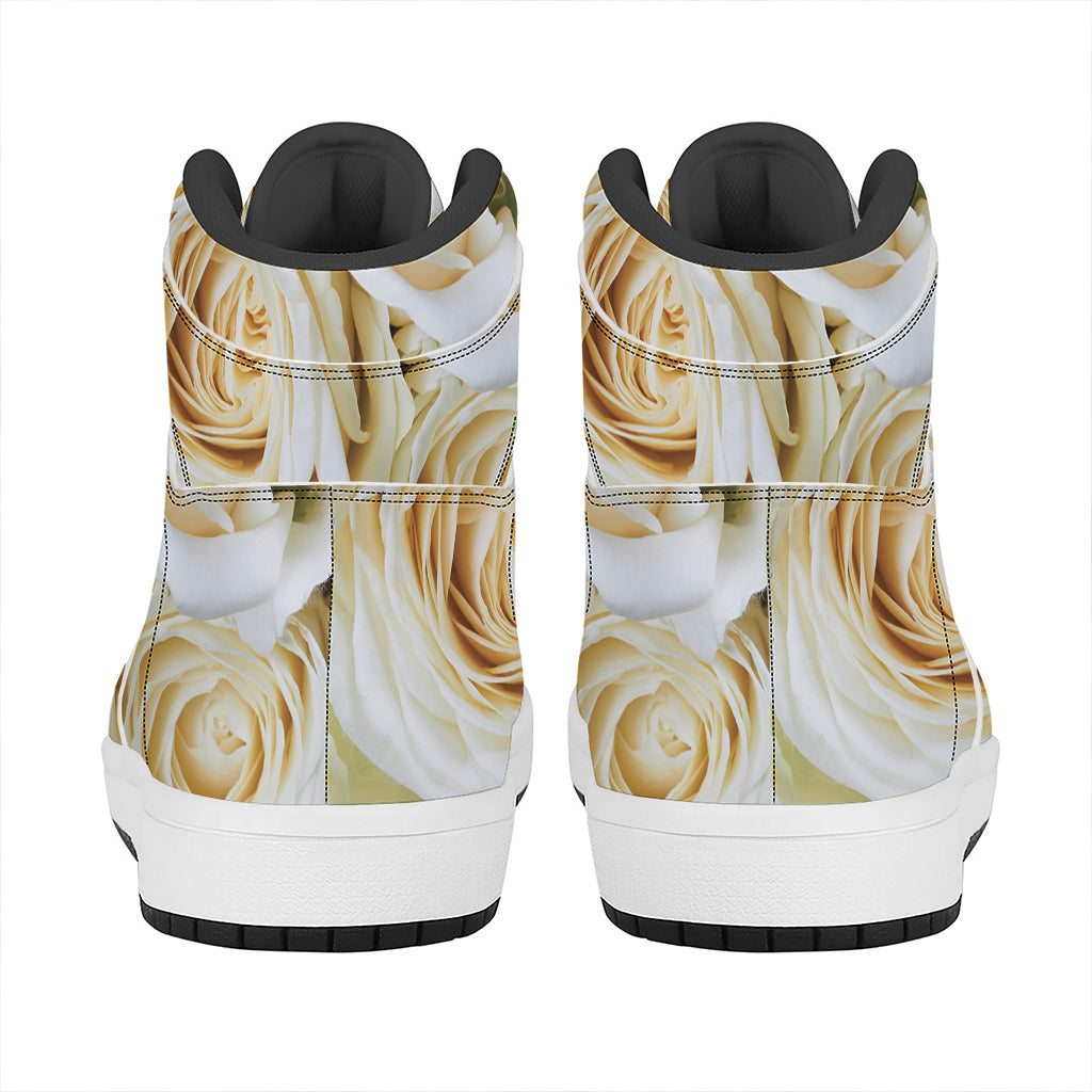 White Rose Print High Top Leather Sneakers