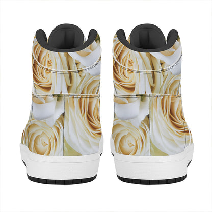 White Rose Print High Top Leather Sneakers