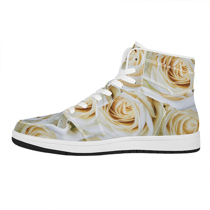 White Rose Print High Top Leather Sneakers